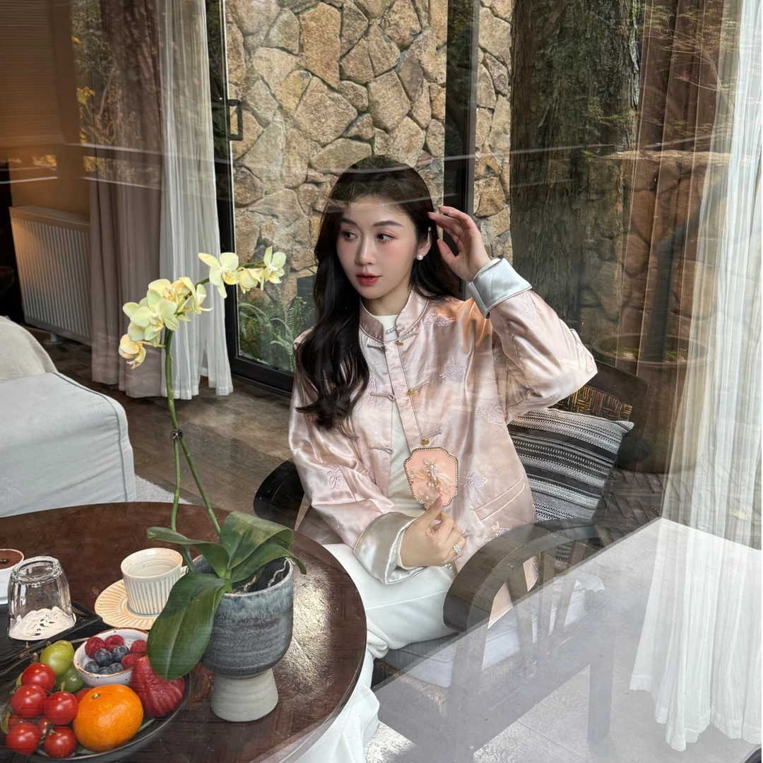 希娜 桃花扇 新中式粉色丝毛外套