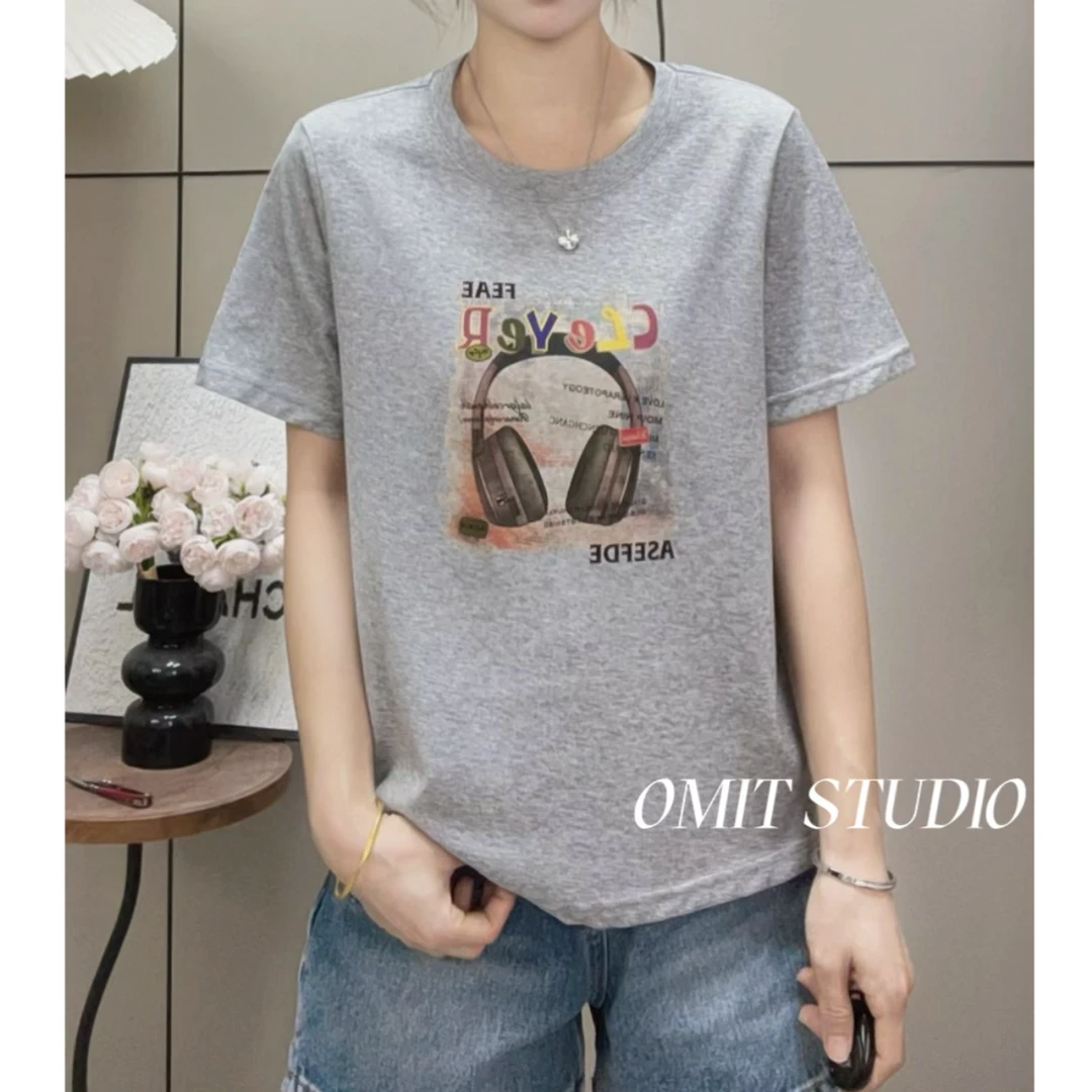 【耳机印花T】新款雪花棉凉快正肩宽松休闲百搭短袖