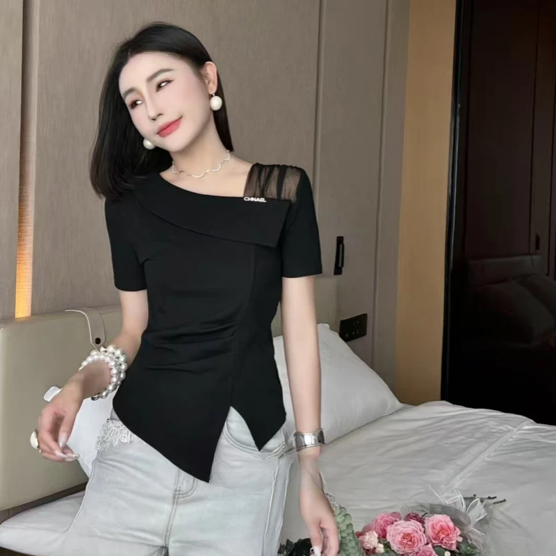 【歌莱图】2025年夏季短款不规则开叉短袖纯色T恤修身上衣#2523