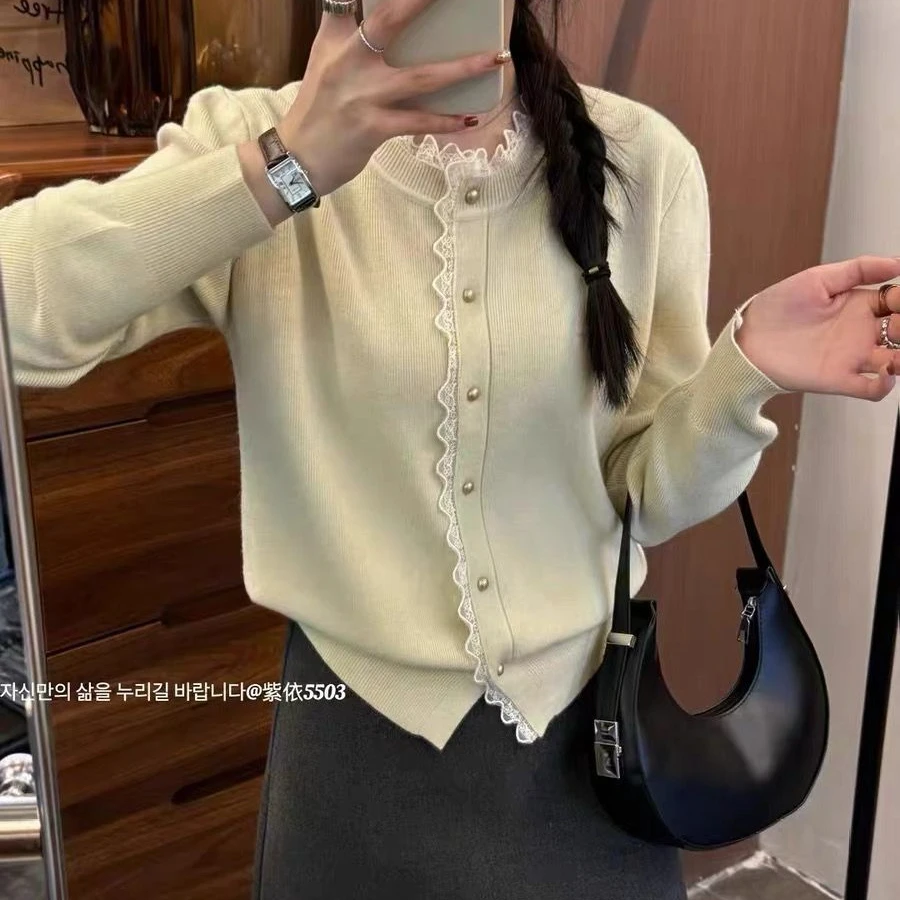 【燕麦色】3874开衫外套超柔软高品质圆领蕾丝花边上衣