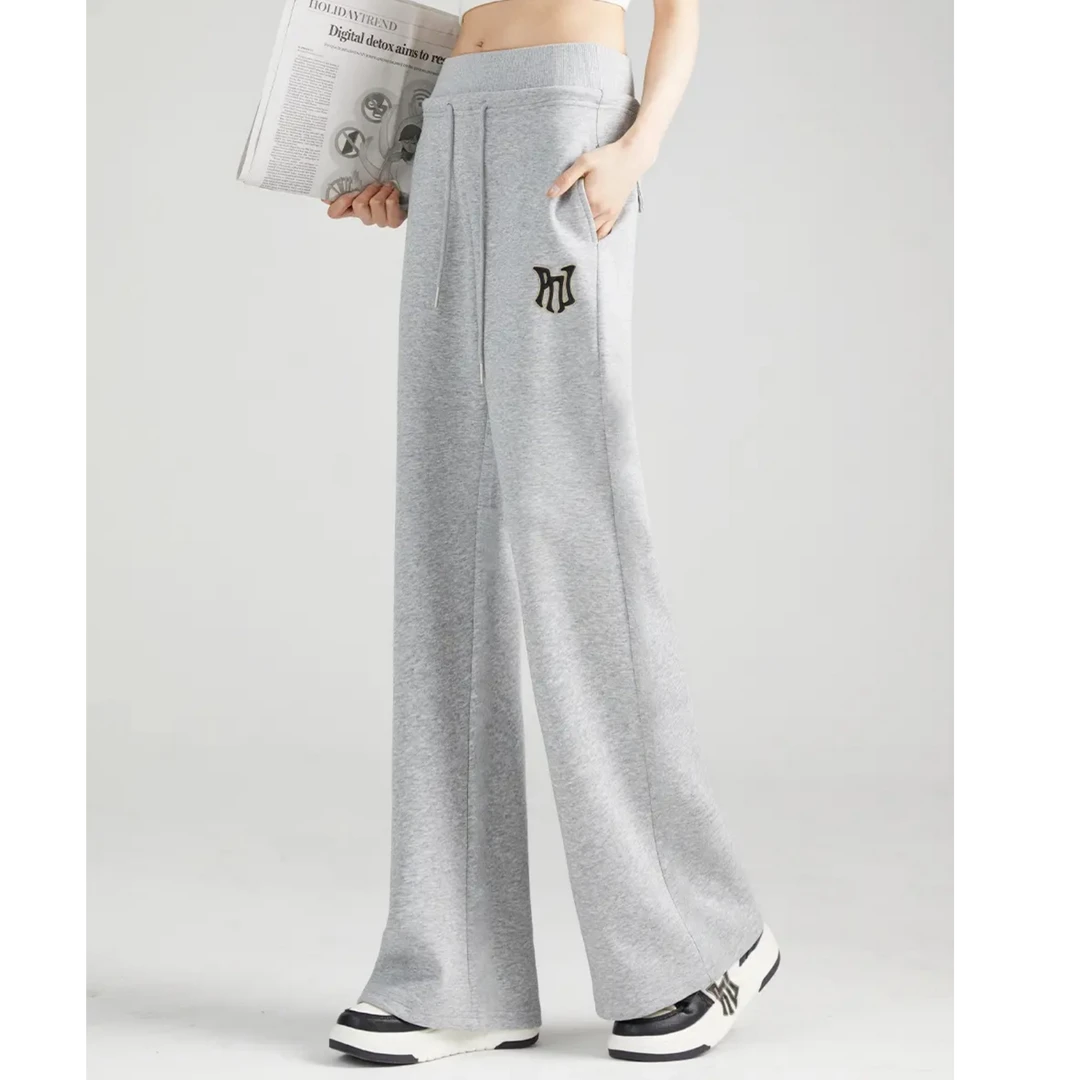 春秋休闲百搭直筒系带显瘦高腰针织阔腿裤