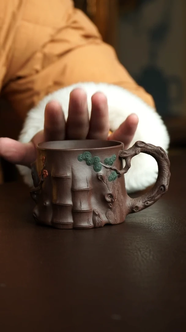 茶杯紫砂71号 岁寒三友松桩把杯 宜兴紫砂原矿作品