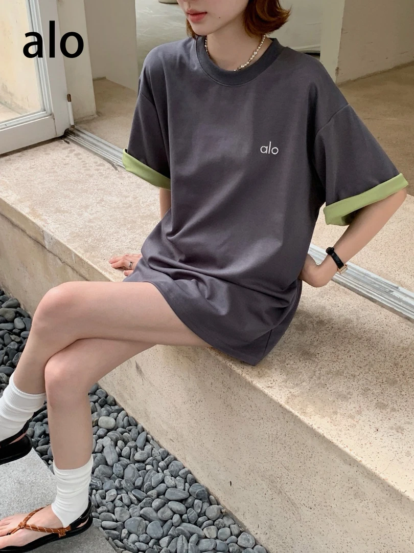 ALO  女款休闲长款圆领内外撞色夏季时尚T恤（清仓）