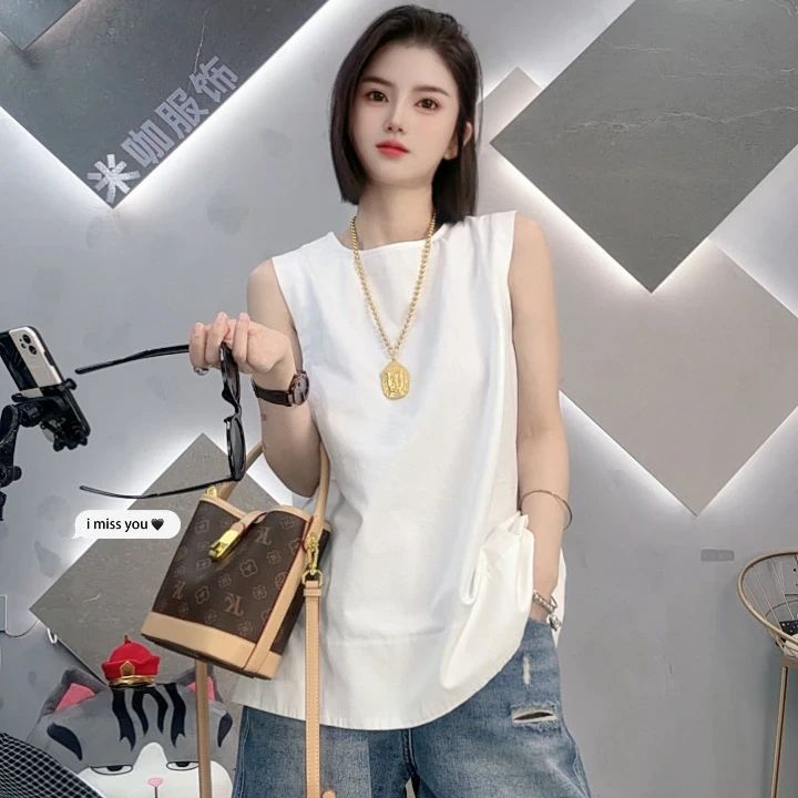 运补6夏季2025新款时尚百搭圆领露背无袖衬衫背心女休闲外穿上衣