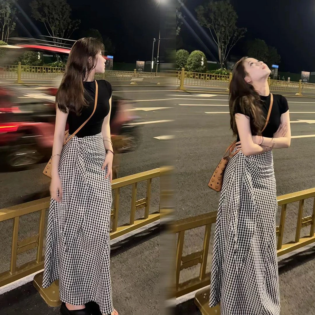 洋气不规则绑带格子半身裙时尚气质圆领显瘦上衣夏季套装两件套