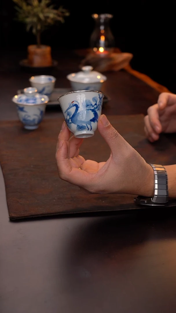 手绘丹顶鹤单杯包银口