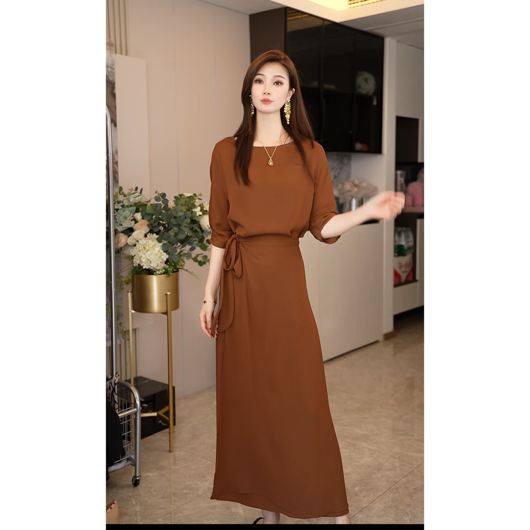 焦糖色假两件一片式收腰气质显瘦夏季法式连衣裙
