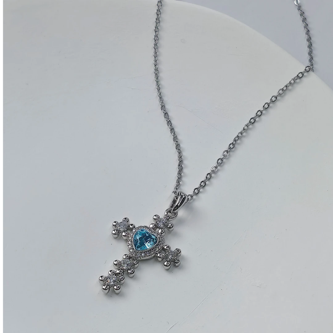 不锈钢项链 十字架项链蓝色轻奢时尚百搭复古小众个性坠链