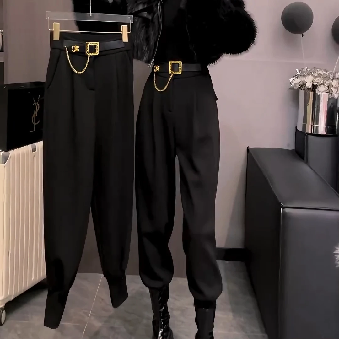 纽扣哈伦裤休闲口袋高腰2025秋冬新款时尚潮流网红修身保暖休闲裤