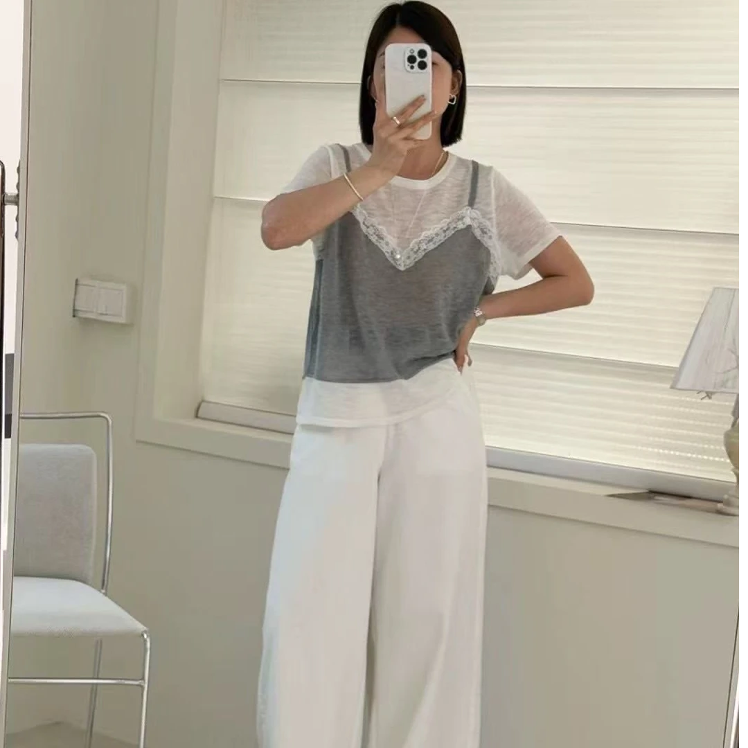 6380#假两件蕾丝拼接撞色上衣女夏季新款百搭T恤独特设计感小衫潮