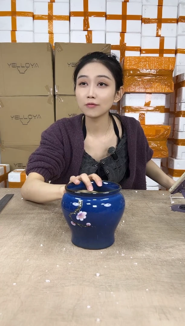缸型深蓝花釉勾花13x13