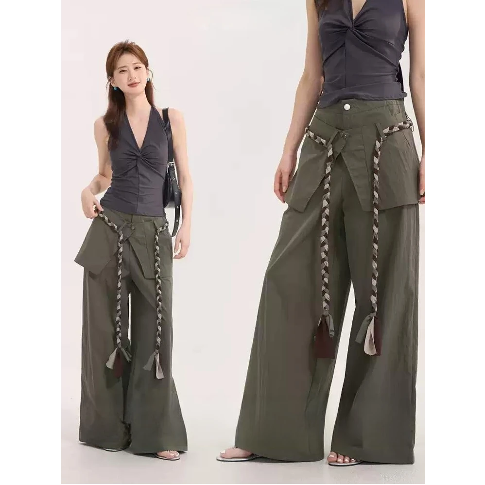 中性设计~设计感编织腰带屁帘休闲裤女夏季新款气质辣妹工装裤