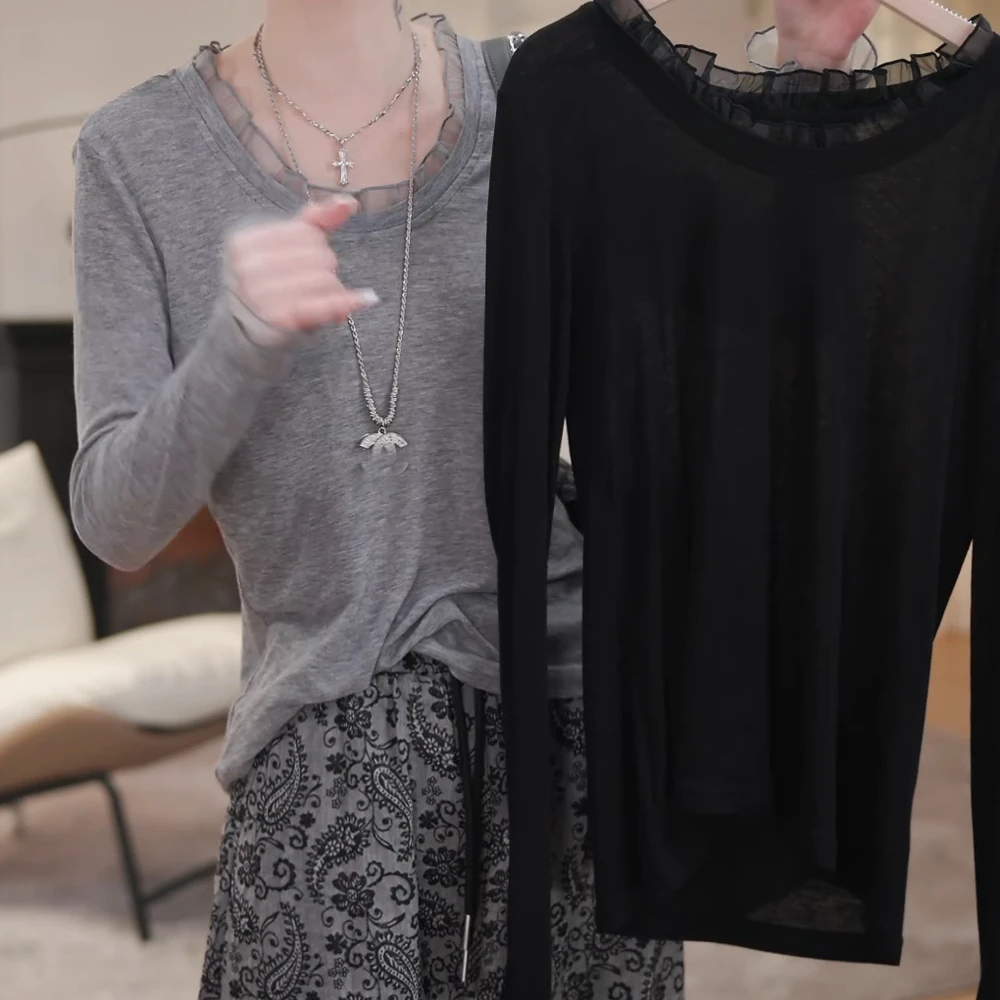 蕾丝拼接短款长袖打底衫修身显瘦内搭T恤上衣2025夏季防晒衫