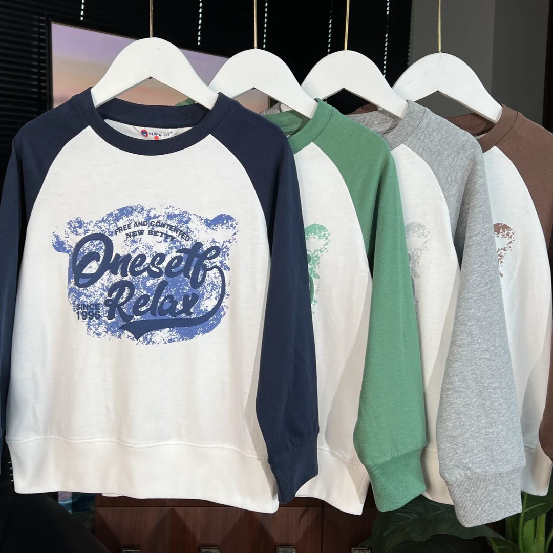 肉肉家-【休闲百搭插肩T】儿童春季纯棉亲肤圆领套头打底衫上衣