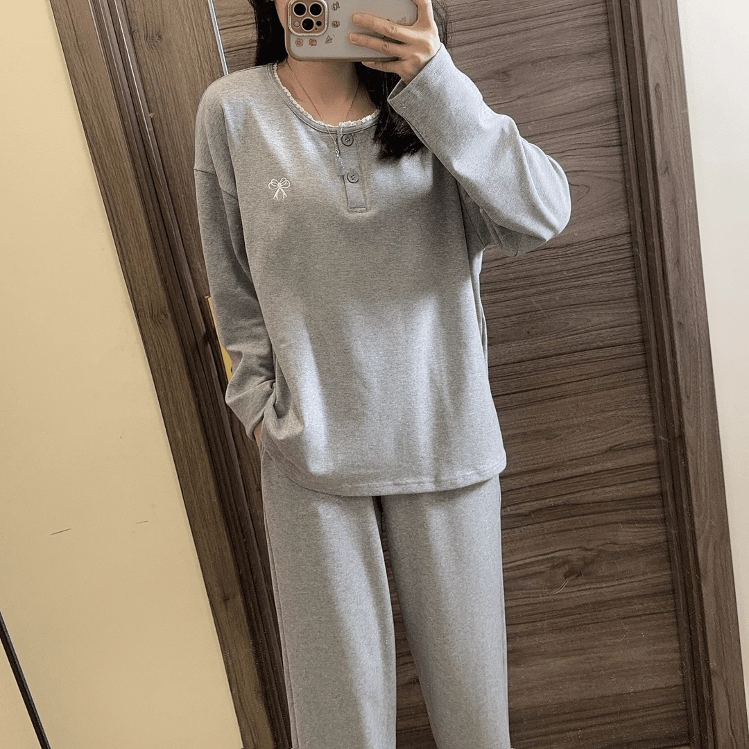 秋冬季女士纯棉带胸垫休闲花边圆领套头长袖长裤家居服睡衣女套装