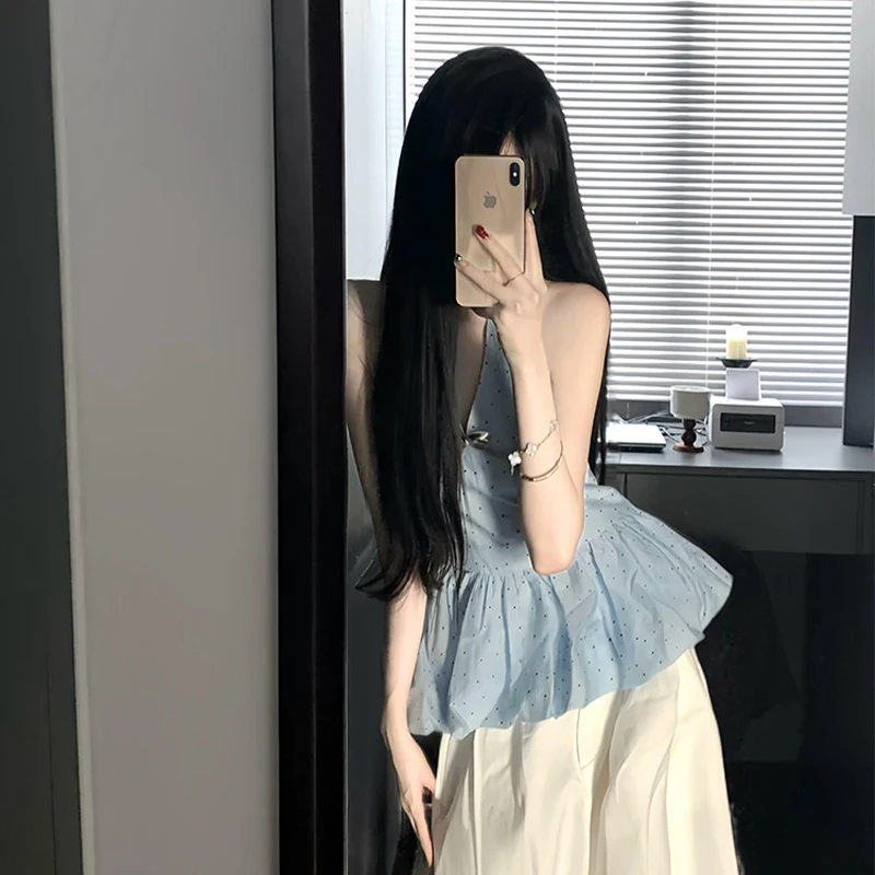 法式V领波点挂脖背心女户外夏季新款设计感小众花苞下摆外穿上衣