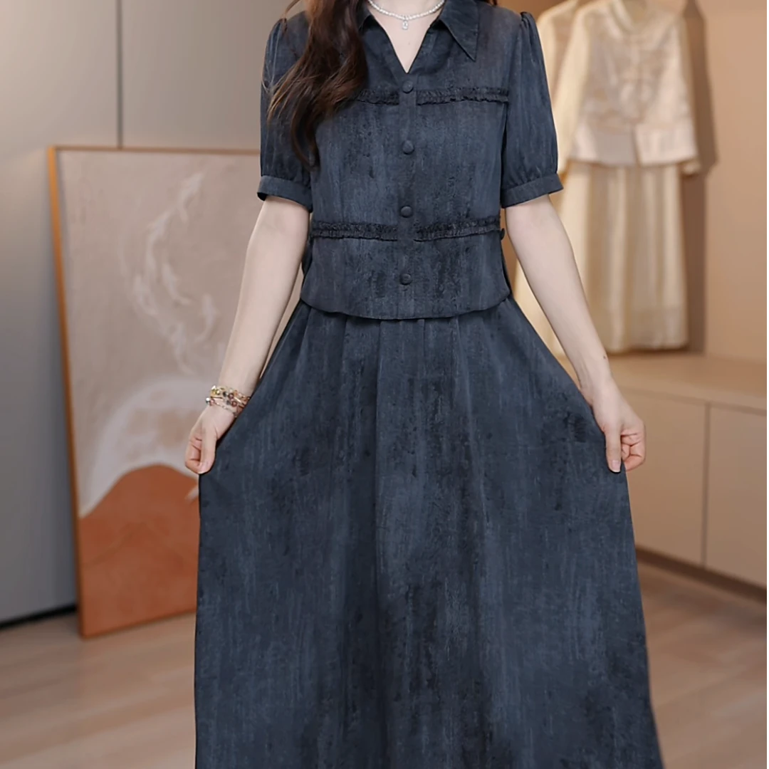 A168#[假两件]2025夏季新款气质款西装领高定设计款五分袖中长裙