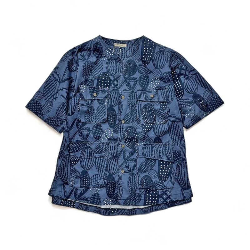 春夏新款短袖衬衫短袖休闲小V领时尚棉质印花胸前口袋衬衣21307