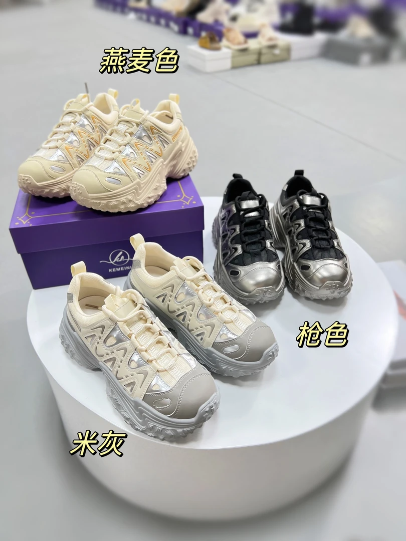 柯-74《绮骋》拼色老爹鞋女网面透气休闲鞋厚底灰色增高鞋