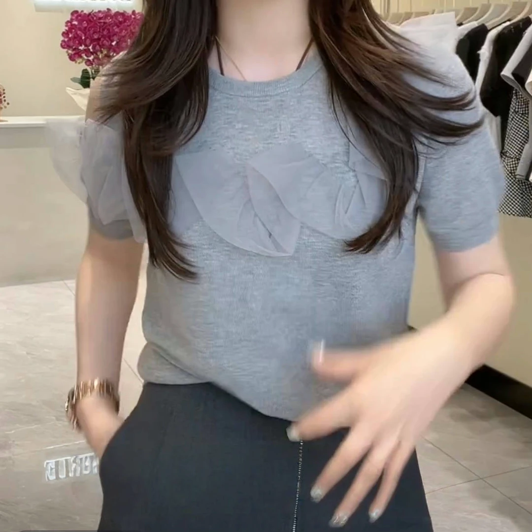 设计感立体蕾丝花边针织衫短袖2025新款夏季简约气质百搭显瘦上衣