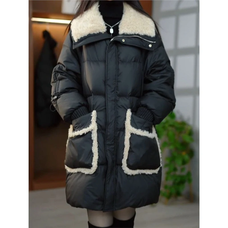 高级免洗鸭绒翻领拼接中长款羽绒服2025冬季新款加厚保暖洋气外套