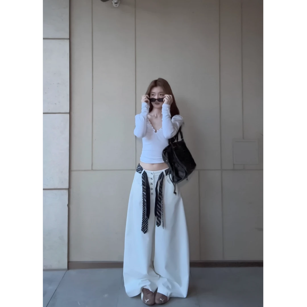 (配腰带)秋季美式复古高级感休闲弯刀百搭垂感阔腿拖地长裤西裤女