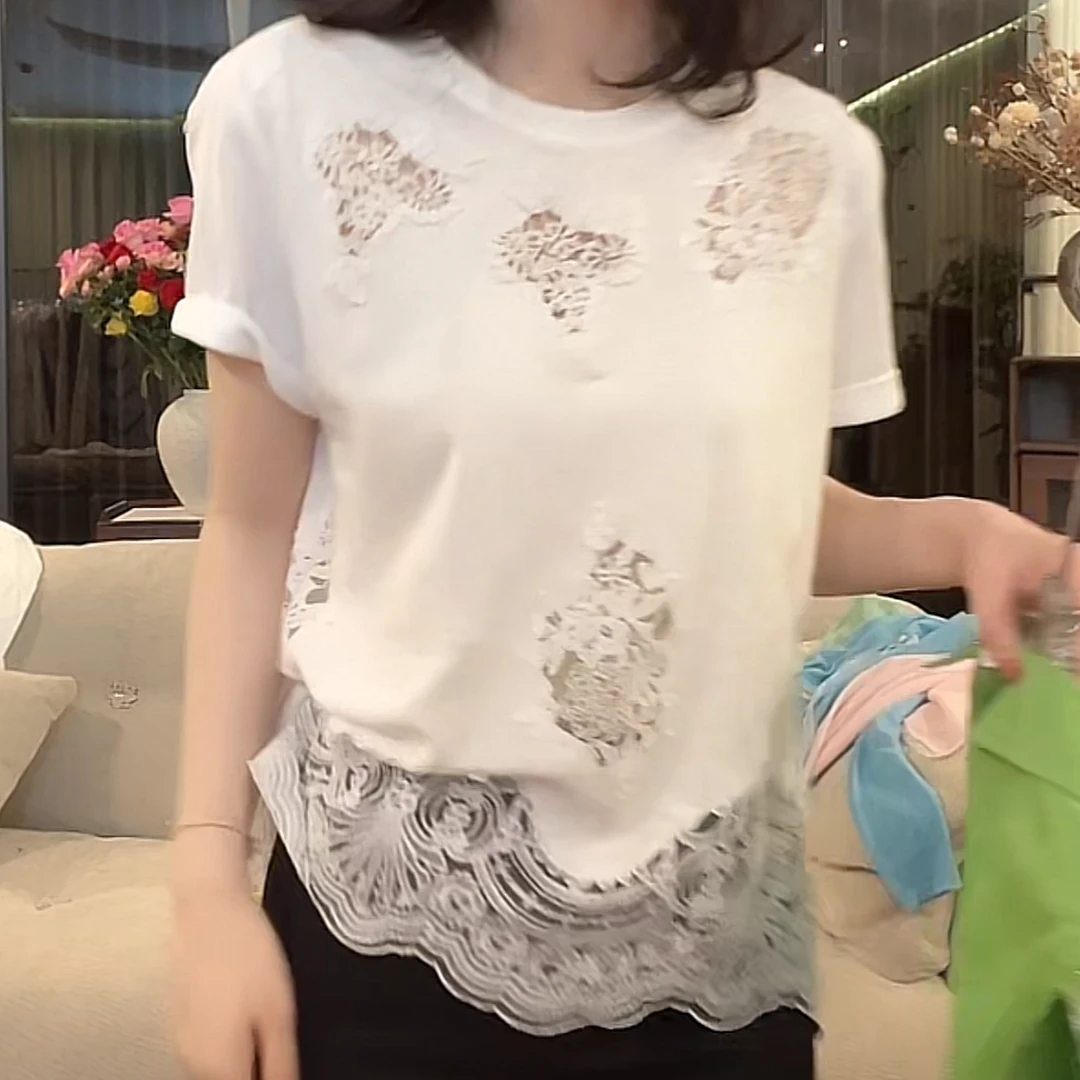 设计感镂空蕾丝花边短袖T恤女2025夏季新款小众时尚圆领白色上衣