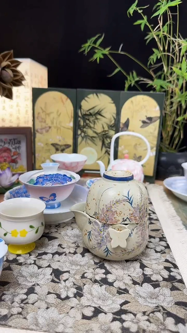 猫紫藤花手抓壶+梅花杯