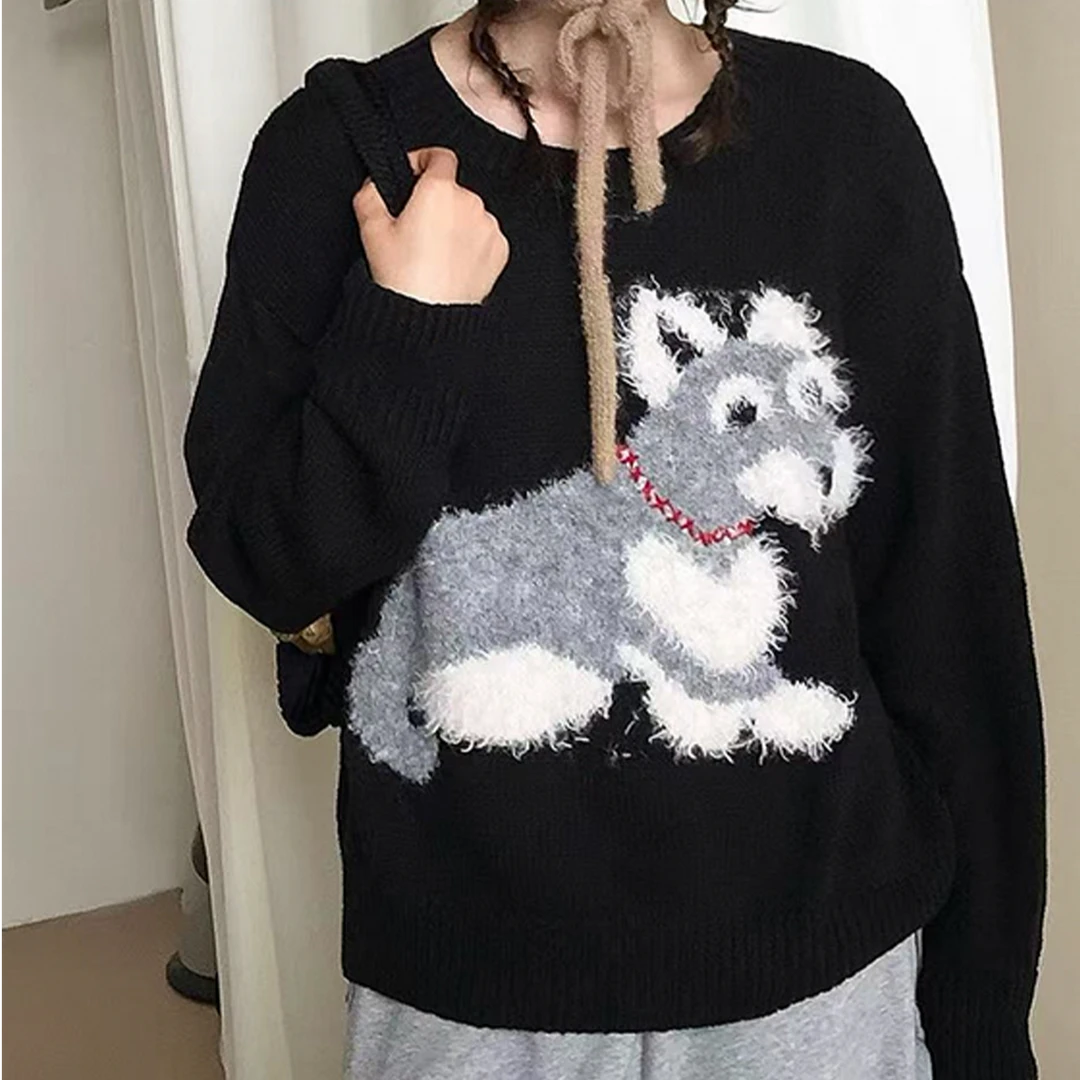 【绣也】秋冬圆领慵懒风狗狗勾花针织休闲毛衣8601