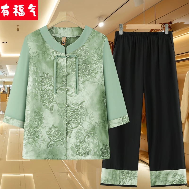 奶奶夏装衬衫中式短袖套装洋气母亲夏季衣服老年人宽松薄款两件套
