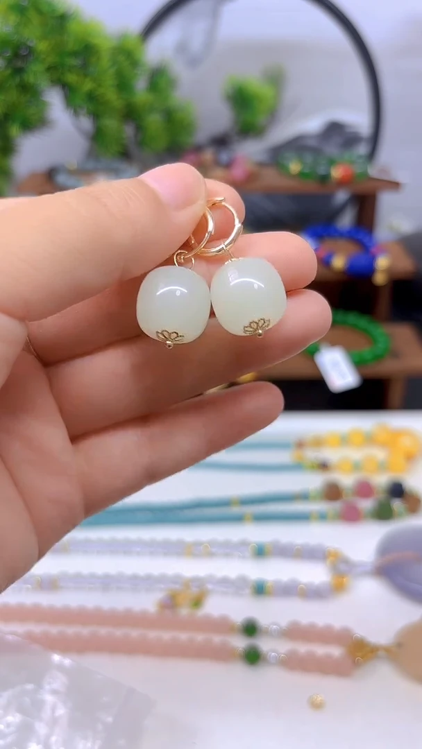 和田玉（白玉）14K金镶嵌耳饰E408