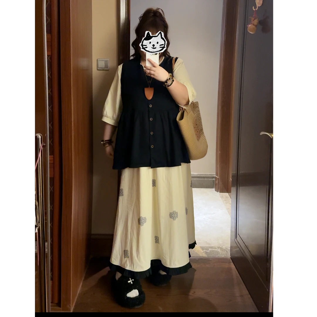 三件套日系风格2025夏季胖mm新款穿搭黑色马甲上衣碎花半身裙