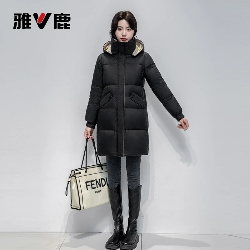 V/雅鹿正肩袖中长款羽绒服立领女可拆卸帽宽松保暖秋冬女士外套