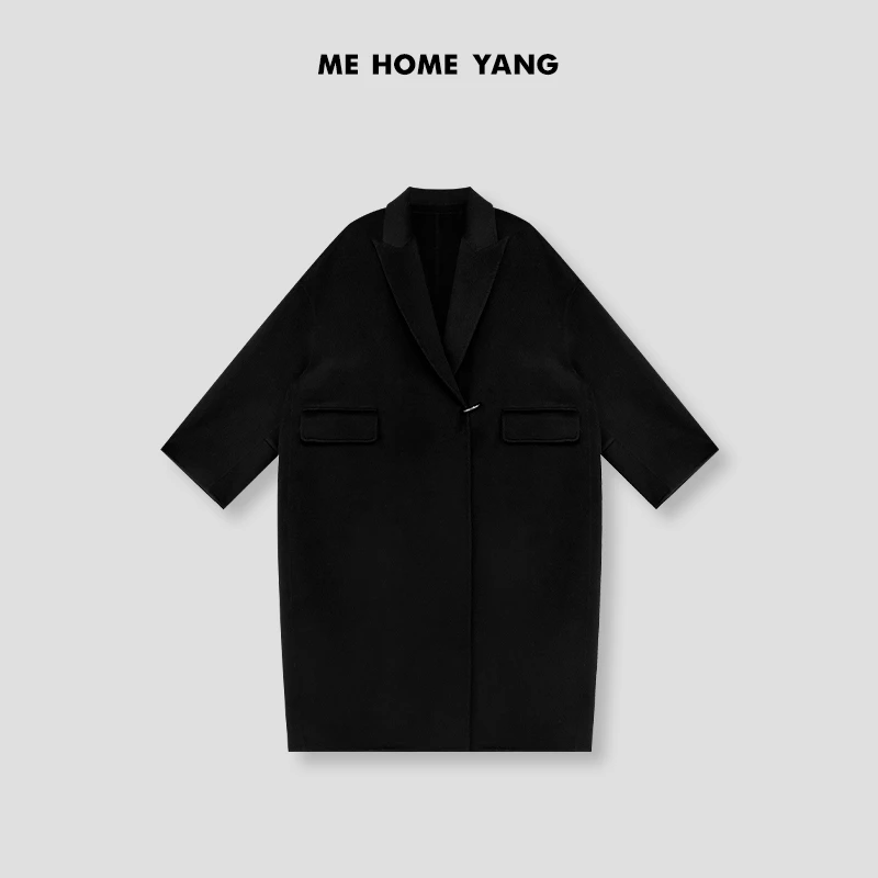 ME【贝琳大衣】黑色绵羊毛混纺翻领宽松金属扣时尚茧型大衣MEQS5573