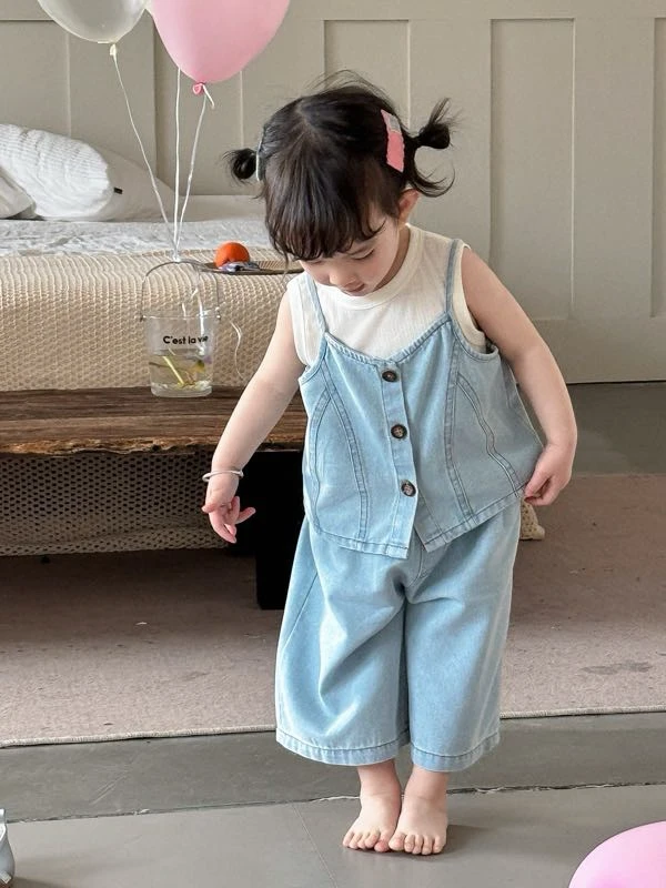 韩版夏季普通女休闲风纯色套装洋气背带裙宽松女童儿童