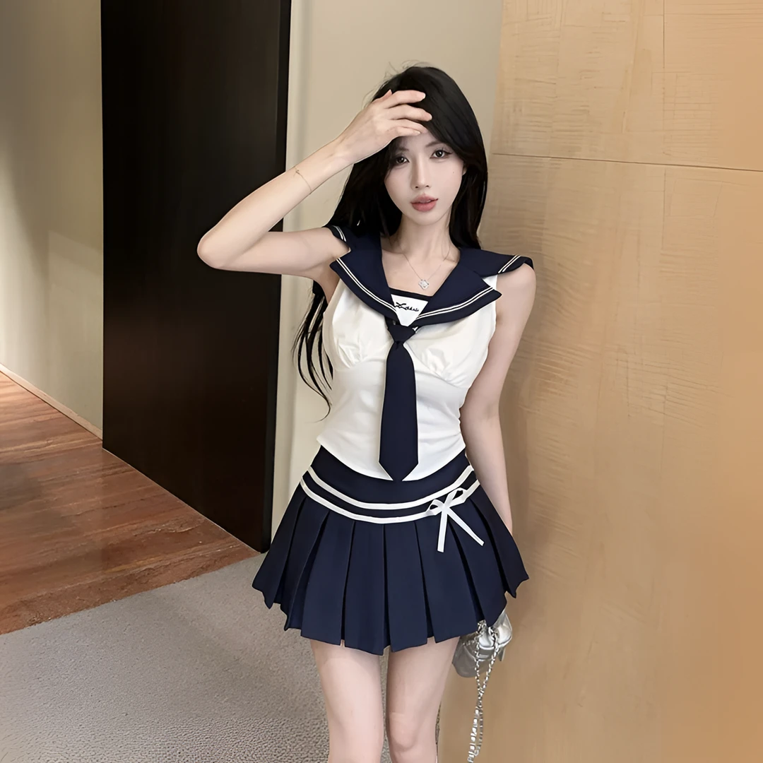 纯欲学院风海军领JK制服套装女夏季短款上衣辣妹高腰百褶裙两件套