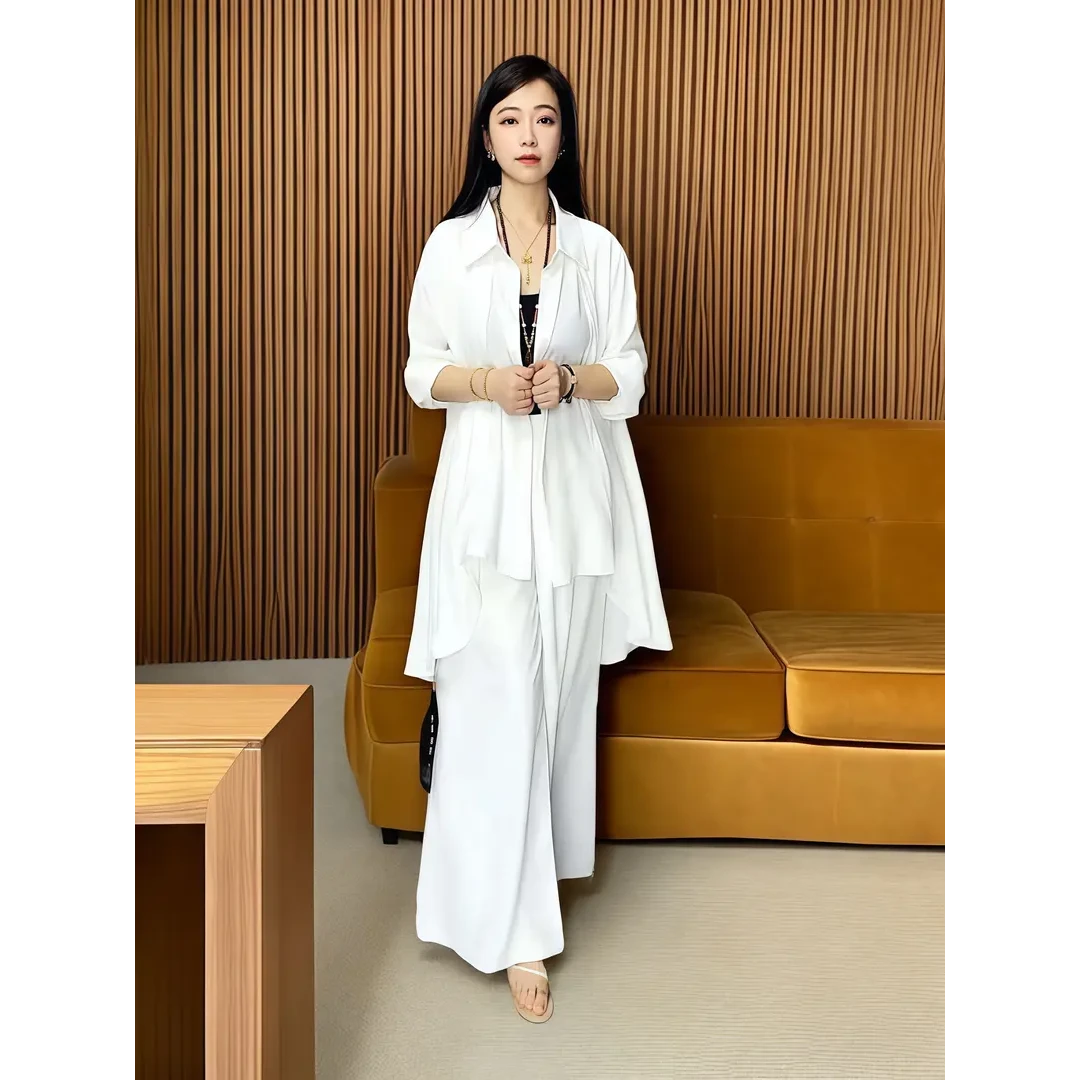 气质宽松百搭衣服洋气长袖垂感纯色中长款衬衫5506（白色）