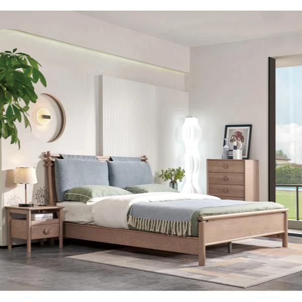 华日嘉屋白蜡木现代实木床1.5米1.8米实木床床头柜