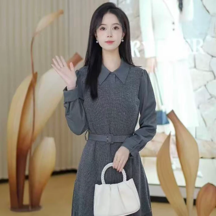 Goodland美地女装2025秋季新款假两件高级灰减龄连衣裙LC35506417