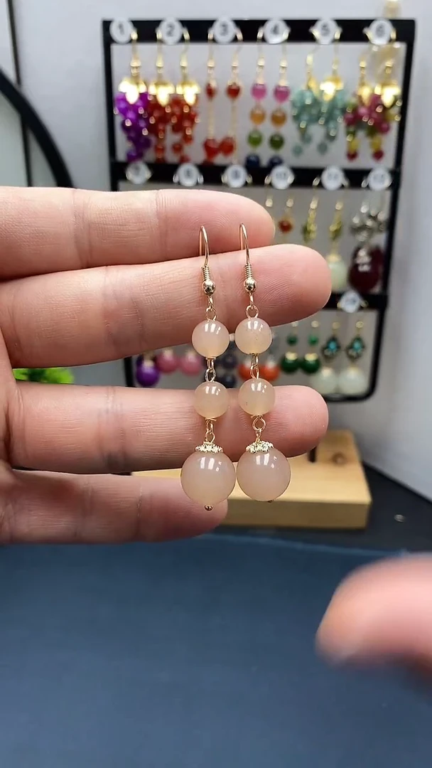 【闪购商品】和田玉耳饰银S925镀金镶嵌尺寸12mm藕粉连珠