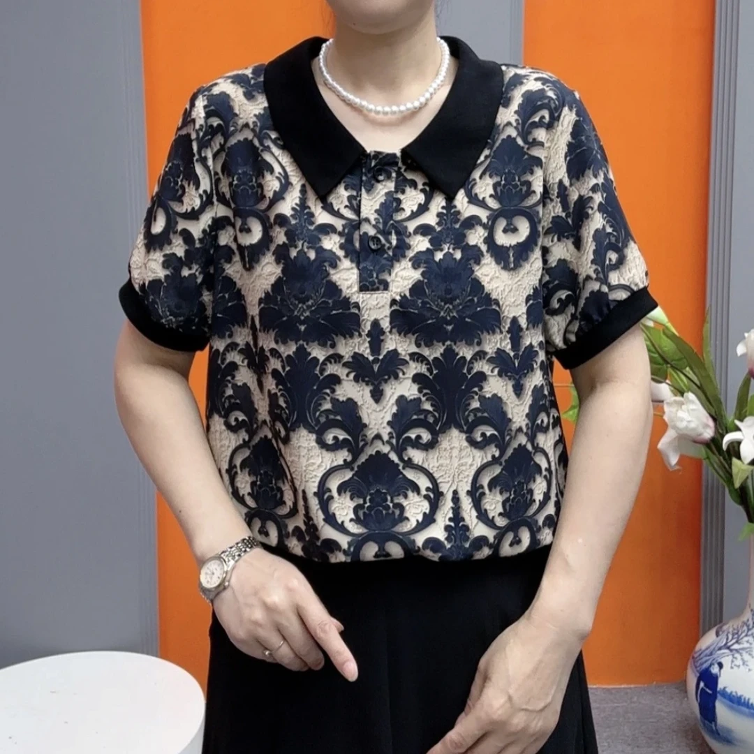 夏季新款娃娃领短袖T恤气质显瘦妈妈装上衣洋气减龄宽松百搭小衫