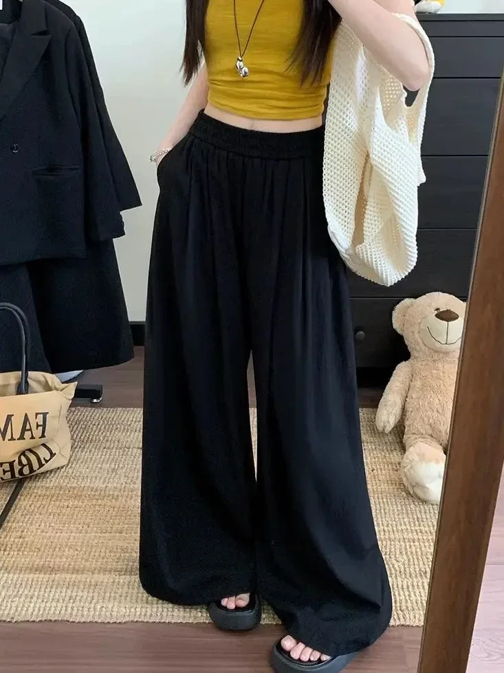 2025冰丝皱山本裤阔腿裤薄款长裤直筒夏季外穿高腰百搭休闲裤