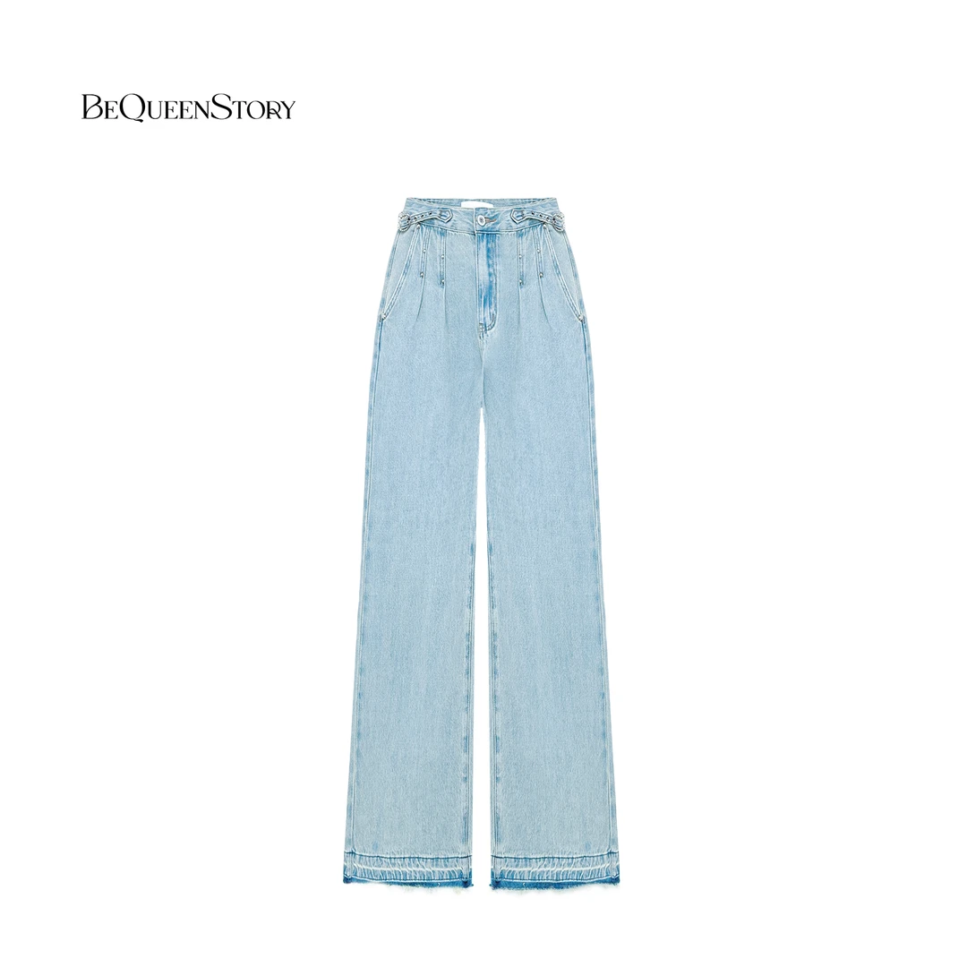 余潇潇【雾色庄园】设计感收褶打钉阔腿直筒裤高腰复古牛仔裤