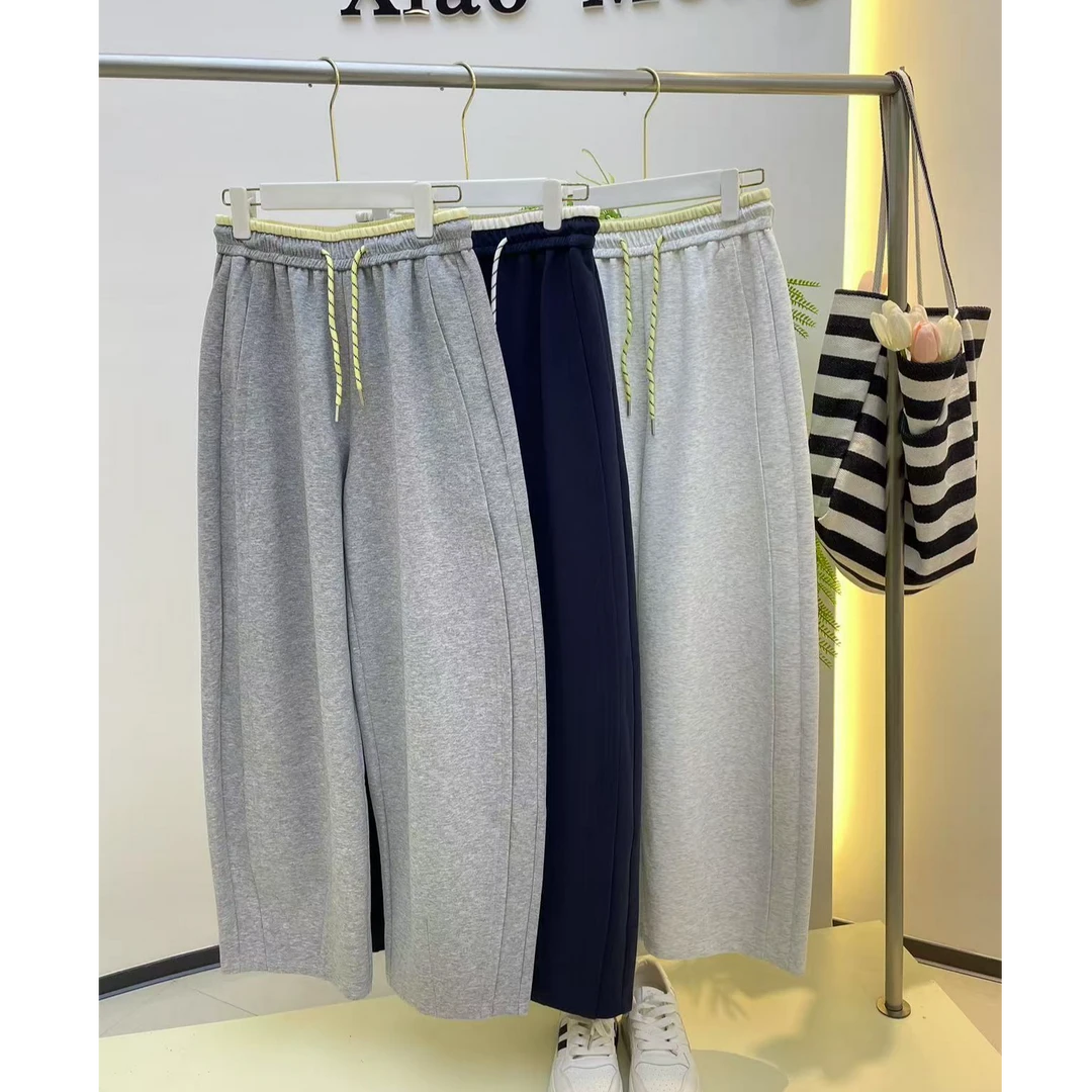 撞色抽绳松紧腰休闲弯刀裤25829