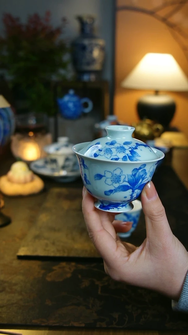 海棠花元宝盖碗套组  微瑕