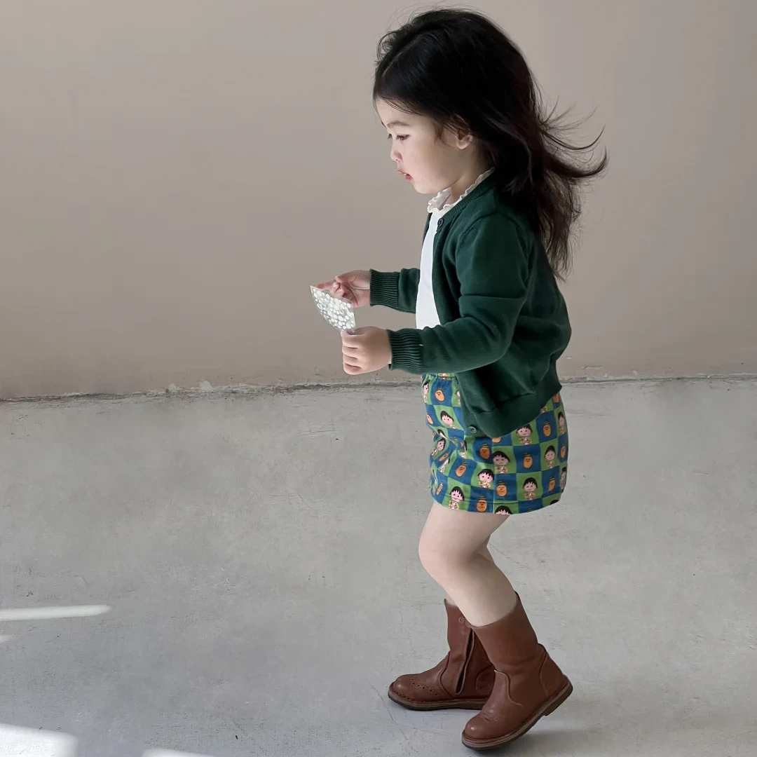 壹妈品质童装女童半身裙小孩小女孩秋装新款洋气儿童绿色印花短裙