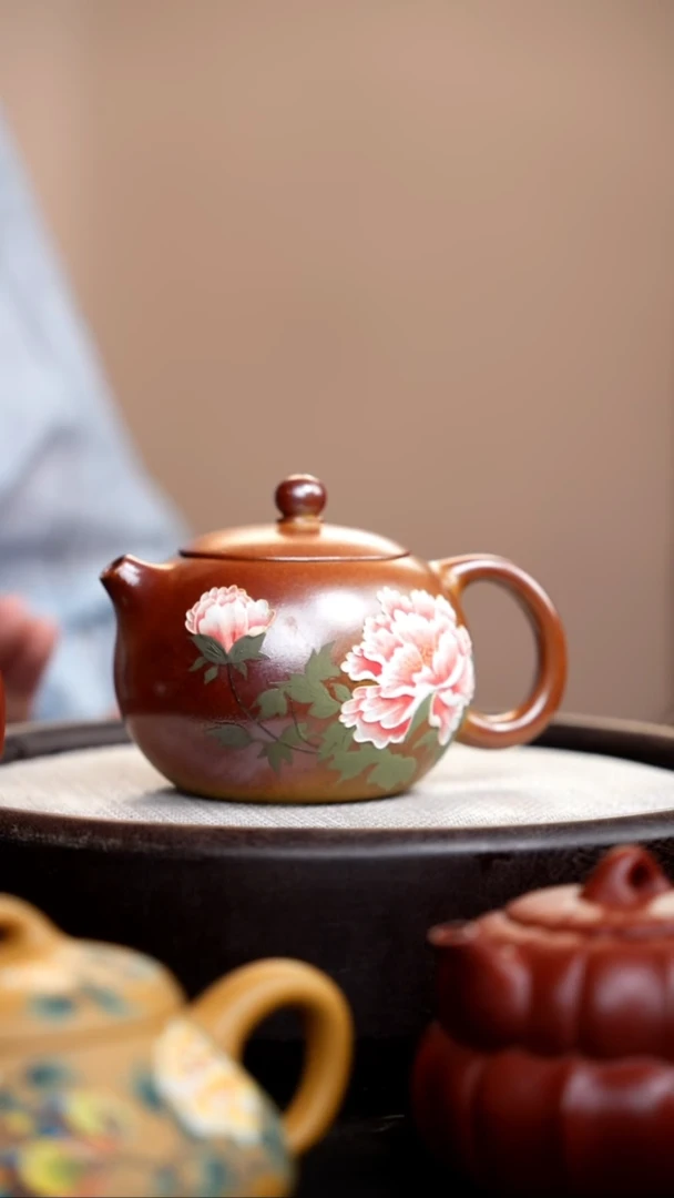 茶壶紫砂柴烧西施泥绘牡丹