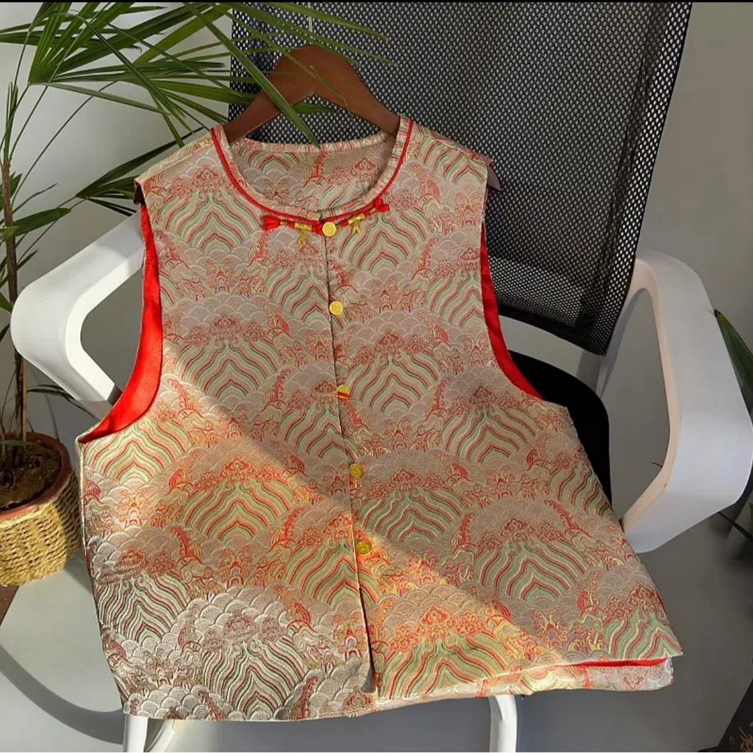 【江崖海水纹】春季时尚新款新中式国风马夹宋锦提花文艺马甲民族风