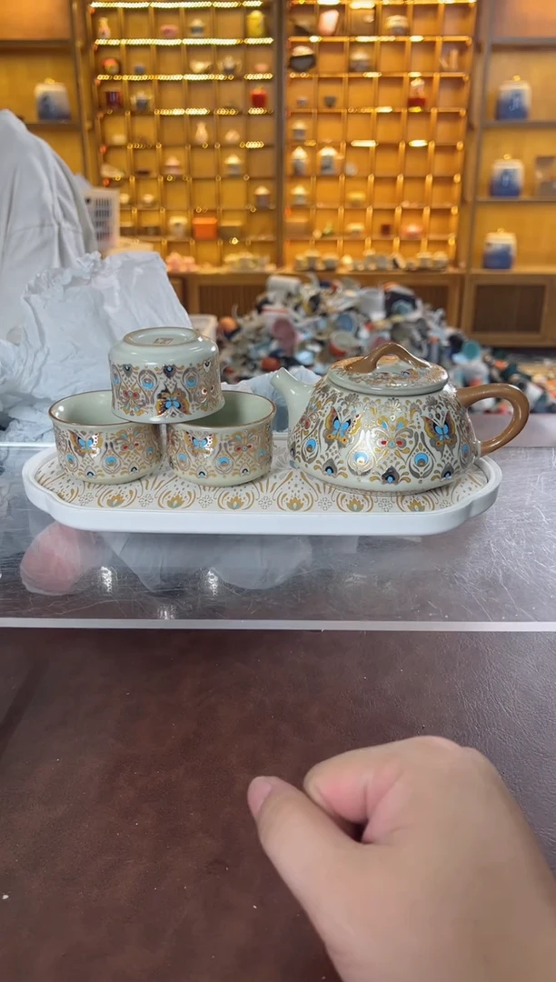 瓷片鸣盏居11111111金银错石瓢壶桃子+茶盘