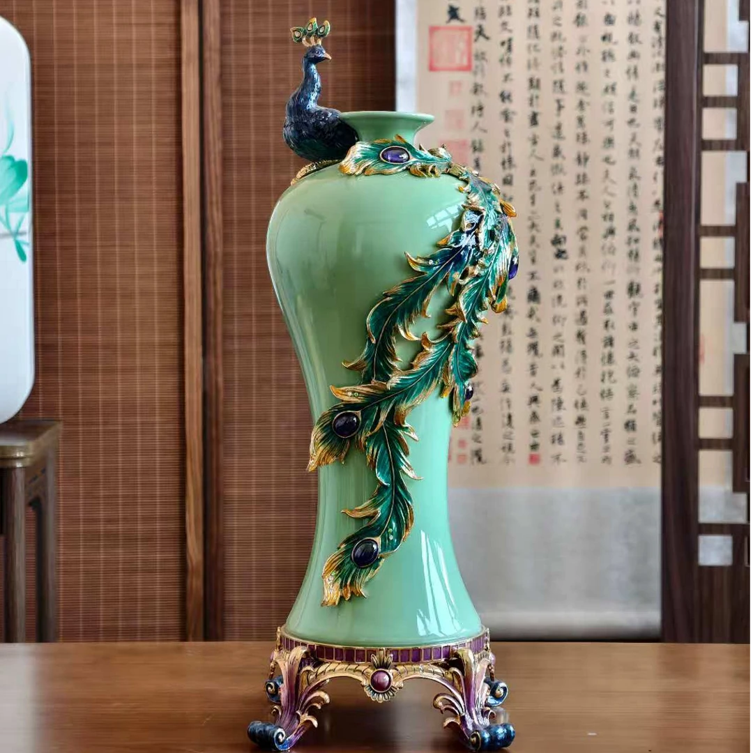【韵美格】YG-0214丹凤朝阳新中式复古孔雀花瓶珐琅彩手工创意摆件
